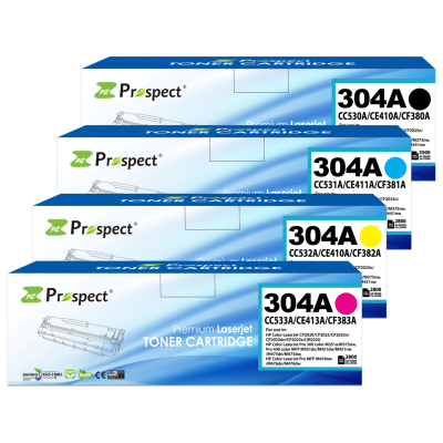  بروسبكت 304A طقم CC530A CC531A CC532A CC533A مجموعة احبار متوافقة ( اسود، أزرق، أصفر، أرجواني، 4-عبوات )
